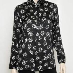 Ralph Lauren Black Floral Button Front Blouse Size Large Classic Workwear Top
